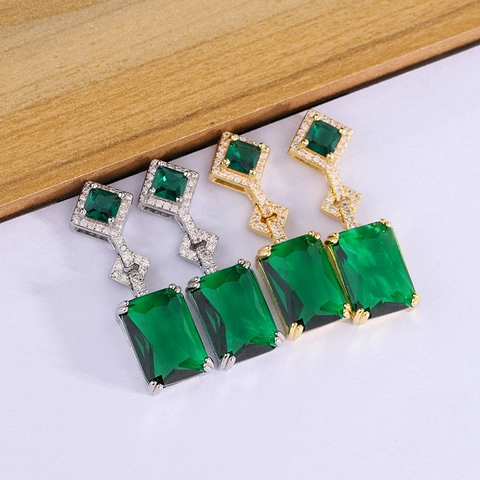 Vintage Luxus Smaragdgrüne Geometrische Hängeohrringe Kupfer Mikro Pave Zirkonia Für Damen
