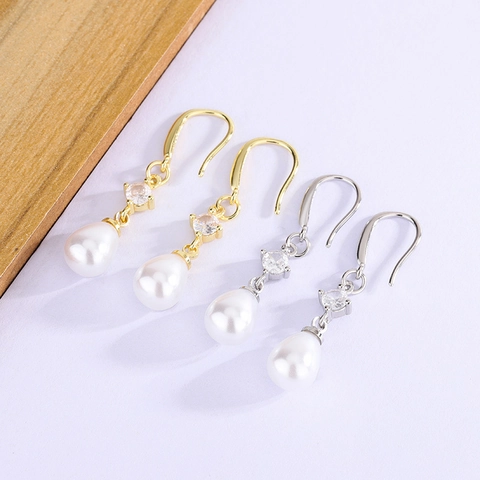 Teardrop Artificial Pearl Dangle Earrings Copper Plated With Round Cubic Zirconia Elegant Water Drop Hook Style For Women