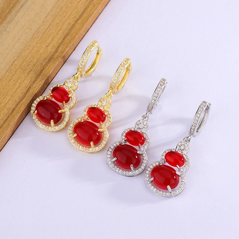 Pendientes De Gota De Calabaza Estilo Chino Vintage Cobre Con Circón Rojo Micro Pavé Circón Claro Elegante Para Mujeres