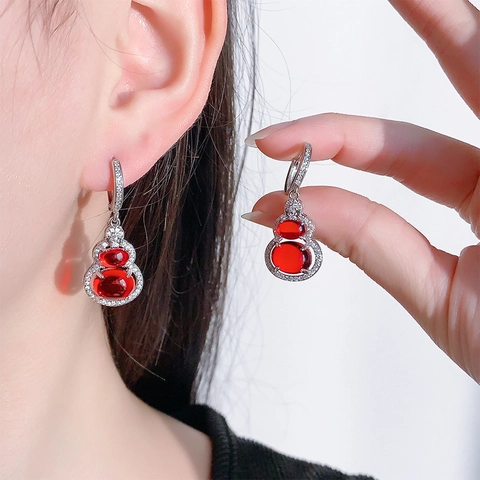 Pendientes De Gota De Calabaza Estilo Chino Vintage Cobre Con Circón Rojo Micro Pavé Circón Claro Elegante Para Mujeres