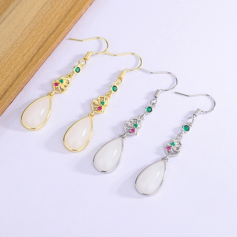 Vintage Chinese Style Dangle Earrings Copper With White Teardrop Faux Jade Lotus Flower And Colorful Zircon For Women