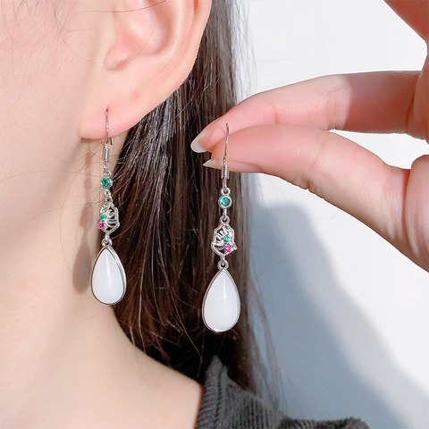 Vintage Chinese Style Dangle Earrings Copper With White Teardrop Faux Jade Lotus Flower And Colorful Zircon For Women