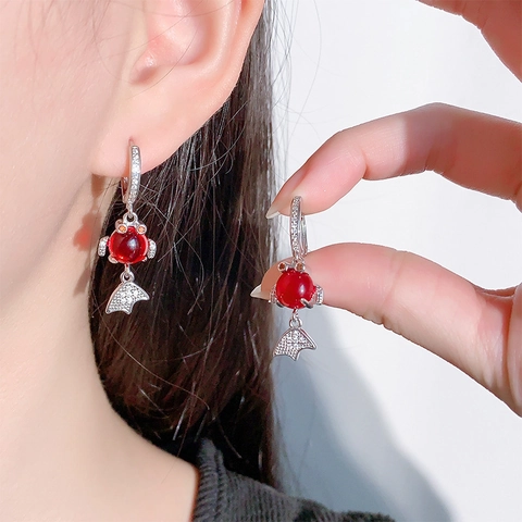 Koi Goldfisch Creolen Mit 925 Sterling Silber Ohrstecker Roter Achat Zirkonia Neuer Chinesischer Stil Für Frauen