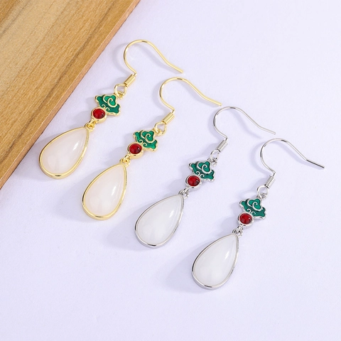 Elegante Kupfer-Ohrhänger Im Neuen Chinesischen Stil Mit Emaille-Ruyi-Wolken Und Künstlichen Weißen Jadedropfen Für Damen Retro
