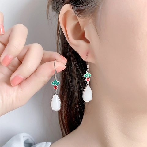 Elegante Kupfer-Ohrhänger Im Neuen Chinesischen Stil Mit Emaille-Ruyi-Wolken Und Künstlichen Weißen Jadedropfen Für Damen Retro