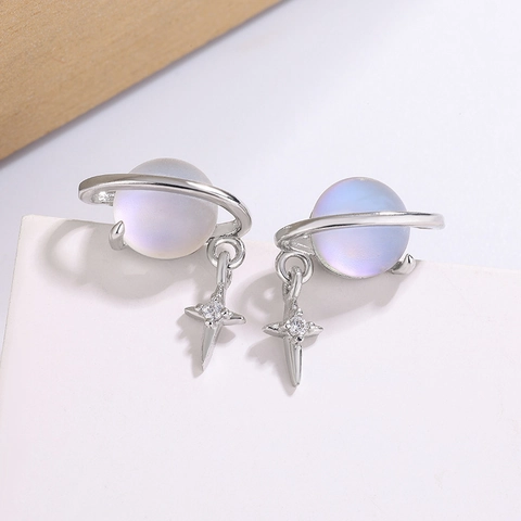 Orecchini A Lobo Pianeta Saturno Per Donna Perla Iridescente Sognante Con Pendente A Stella Gioielli In Rame Zircone