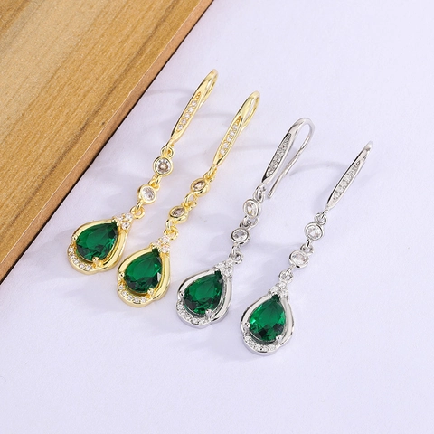 Eleganti Orecchini Pendenti A Gancio A Goccia D'Acqua Rame Micro Pave Zircone Pietra Preziosa Sintetica Verde Smeraldo
