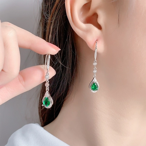 Eleganti Orecchini Pendenti A Gancio A Goccia D'Acqua Rame Micro Pave Zircone Pietra Preziosa Sintetica Verde Smeraldo