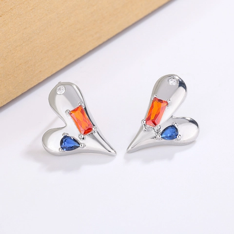 Heart Stud Earrings With Copper Earring Post Colorful Cubic Zirconia Asymmetric Minimalist Modern Jewelry For Women