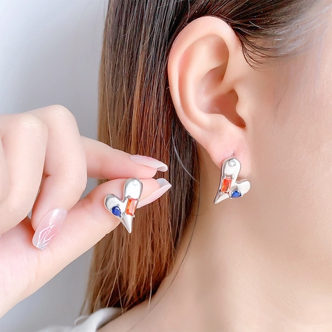 Heart Stud Earrings With Copper Earring Post Colorful Cubic Zirconia Asymmetric Minimalist Modern Jewelry For Women