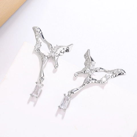 Liquid Metal Butterfly Drop Earrings With Rectangle Clear Zircon Copper Silver Plated Dangle Ear Jewelry For Women Fashion