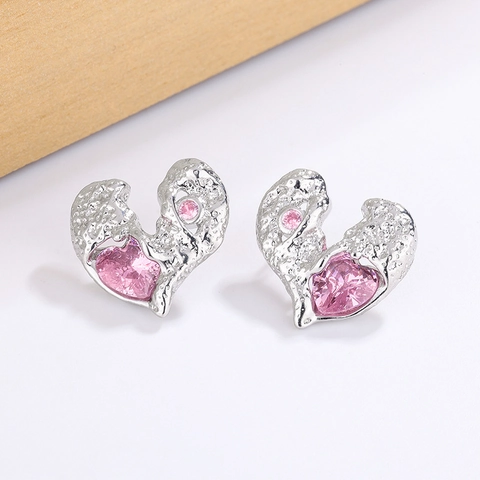 Pink Herz Zirkon Stecker Ohrringe Mit Kupfer Ohrstecker Unregelmäßige Textur Nische Süß Cool Schmuck Für Damen