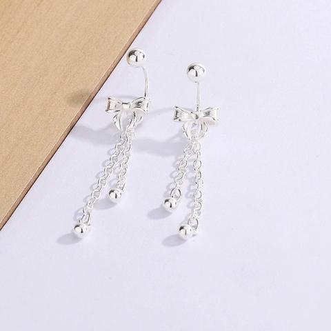 Butterfly Bowknot Tassel Earrings Long Chain Back Hanging Copper Elegant Silver Color Sweet Accessory
