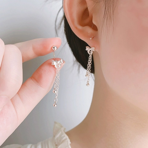 Butterfly Bowknot Tassel Earrings Long Chain Back Hanging Copper Elegant Silver Color Sweet Accessory