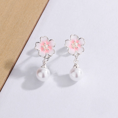 Orecchini Pendenti Fiore Di Ciliegio Smalto Rosa Con Perla Artificial 925 Argento Sterling Perno Per Orecchino Per Donna