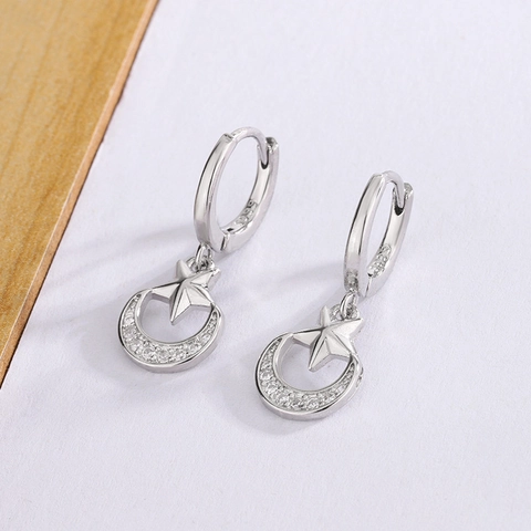 Star Moon Drop Earrings Micro Pave Zircon In Copper With 925 Sterling Silver Earring Post Simple Style For Women