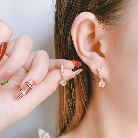 Pink Zircon Star Drop Earrings For Women Gold Plated Copper Sweet Elegant Jewelry With 925 Sterling Silver Earring Post