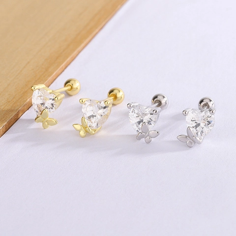 Copper Heart Zircon Stud Earrings With Butterfly Accent And Screw Back Ear Bone Nail Delicate Jewelry For Women