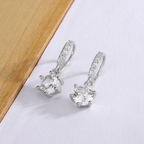 Six-Prong Round Clear Zircon Ear Buckle Earrings Copper Silver Plated Elegant Minimalist Dangle Jewelry For Women