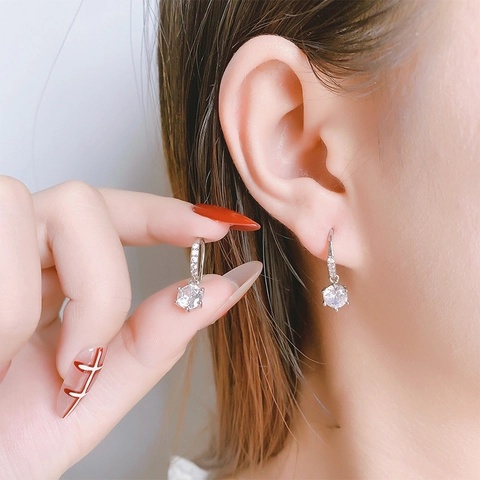 Six-Prong Round Clear Zircon Ear Buckle Earrings Copper Silver Plated Elegant Minimalist Dangle Jewelry For Women