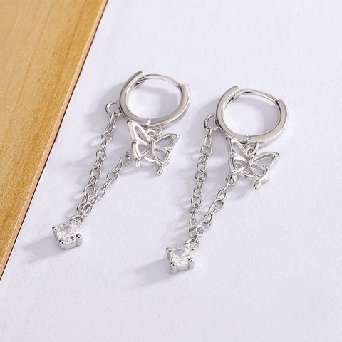 Elegant Copper Hollow Butterfly Dangle Drop Earrings With Cubic Zirconia Long Tassel Chain For Women Niche Design