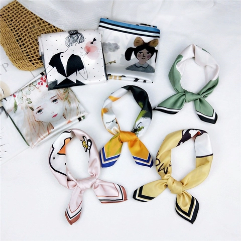 Artistic Illustration Square Satin Scarf Polyester Satin Neck Head Hair Band Bag Decoration Elegant Accessory For Women