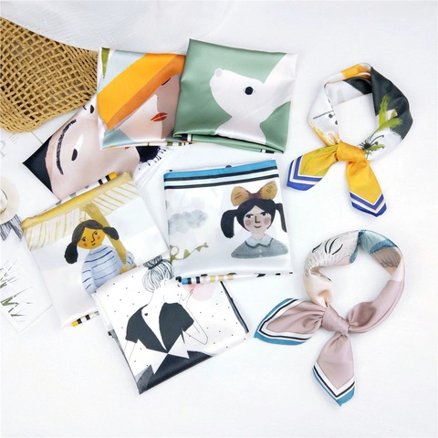 Artistic Illustration Square Satin Scarf Polyester Satin Neck Head Hair Band Bag Decoration Elegant Accessory For Women
