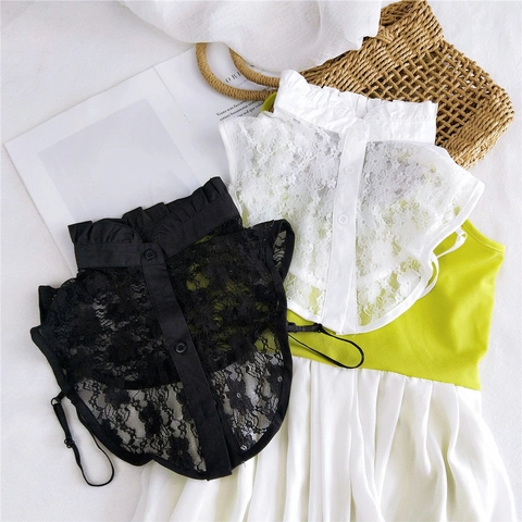 Women Detachable Fake Collar Elegant Cotton Lace Hollow Out Button Adjustable Strap Shirt False Neck Accessory