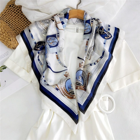 Foulard Quadrato Da Donna Stampa Nautica Barca A Vela Ancora Raso Grande Scialle Accessorio Per Vacanze Al Mare Elegante