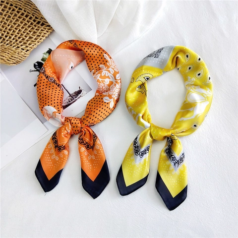 Women Square Scarf Satin Like Polyester Satin Paisley Floral Polka Dot Elegant Neck Tie Hair Band Accessories