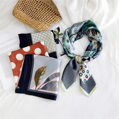 Women Square Scarf Satin Like Polyester Satin Paisley Floral Polka Dot Elegant Neck Tie Hair Band Accessories