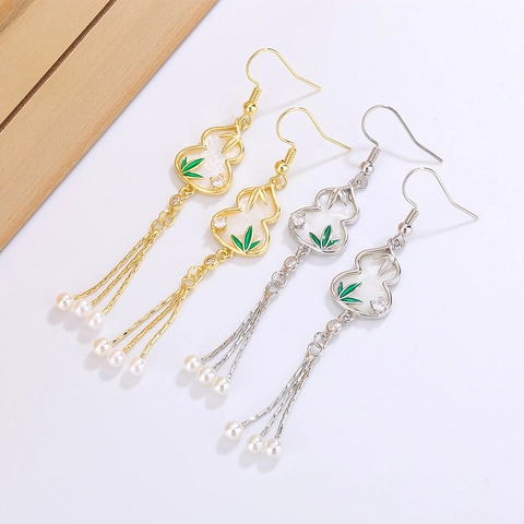 Gourd Bambus Blatt Quaste Lange Ohrringe Messing Mit Künstliche Perle Zirkon Chinesischen Stil Vintage Schmuck Für Frauen