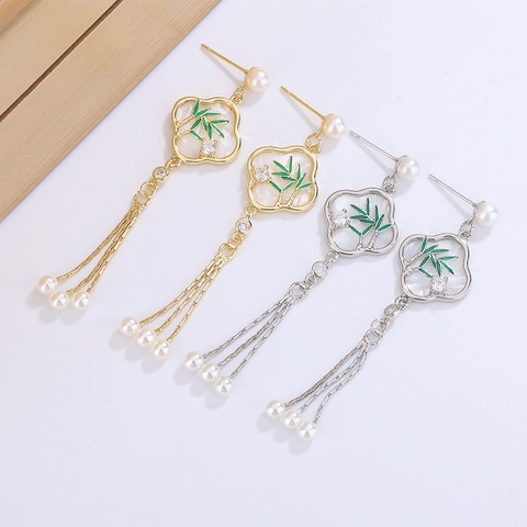 Chinesische Vintage Kupfer Quasten Ohrringe Mit Emaille Bambusblatt Muster Und Imitationsperlen Lange Tropfen Für Frauen