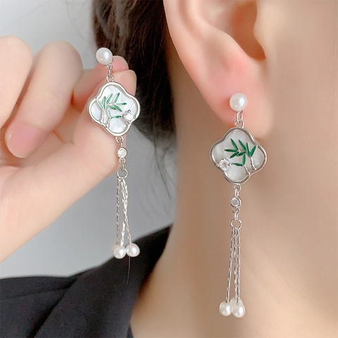 Chinesische Vintage Kupfer Quasten Ohrringe Mit Emaille Bambusblatt Muster Und Imitationsperlen Lange Tropfen Für Frauen