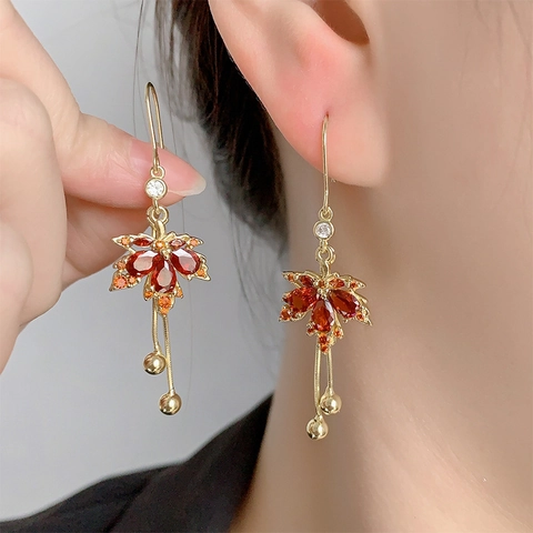 Vintage Rote Ahornblatt Hängerohrringe Kupfer Vergoldet Lange Quasten Kette Drop Ohrschmuck Für Frauen Elegant