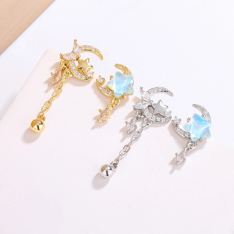 Asymmetrische Stern Mond Hängeohrringe Kupfer Zirkon Synthetischer Opal Lange Quaste Kette Eleganter Schmuck Für Frauen