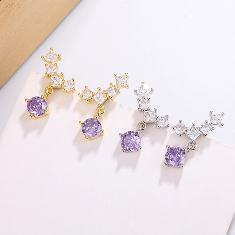 Dangle Earrings Brass Purple Cubic Zirconia Geometric Water Drop Elegant Niche Light Luxury For Women