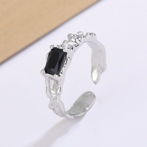 Lava Texture Open Adjustable Ring Copper With Rectangular Black Zircon Vintage Minimalist Jewelry For Men Women