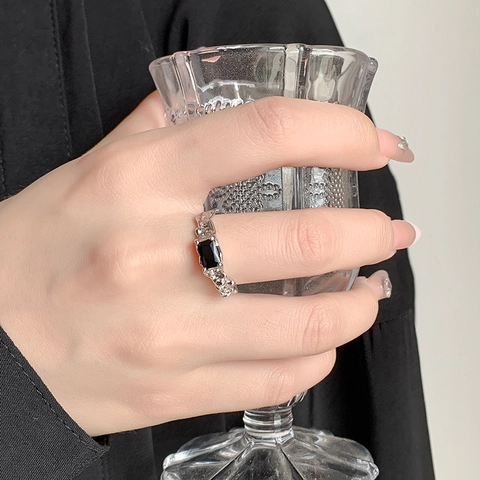 Lava Texture Open Adjustable Ring Copper With Rectangular Black Zircon Vintage Minimalist Jewelry For Men Women