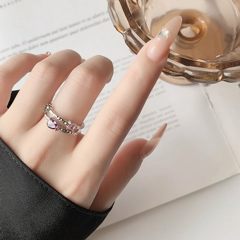 Hammered Texture Copper Adjustable Open Ring With Colored Cubic Zirconia Double Layer Vintage Aesthetic Women