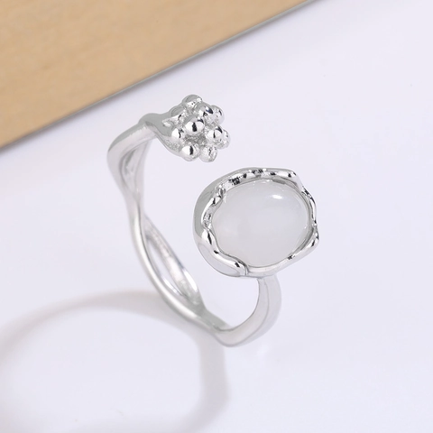 Adjustable Open Ring Copper With Oval White Moonstone Flower Bead Cluster Minimalist Style Jewelry For Women