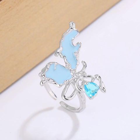 Anello Aperto Farfalla Rame Cuore Zircone Blu Smalto Irregolare Gioielli Moda Per Donne Elegante