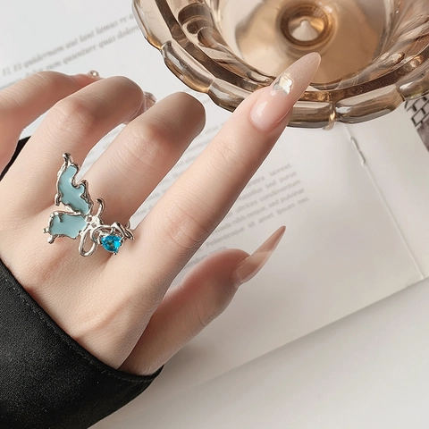 Anello Aperto Farfalla Rame Cuore Zircone Blu Smalto Irregolare Gioielli Moda Per Donne Elegante