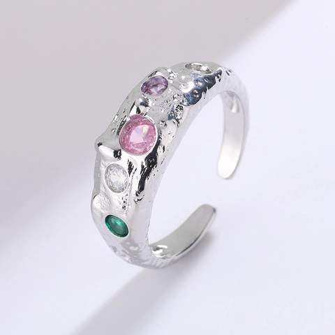 Anillo Abierto De Cobre Con Textura Martillada Y Circonita Redonda De Colores Para Mujer Joyería Ajustable