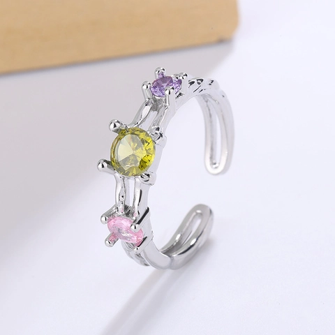 Irregular Wave Copper Ring With Multi-Color Zircons Adjustable Open Design Minimalist Fashion Jewelry For Women