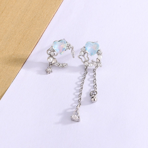 Asymmetrische Herz Opal Ohrringe Mit Kupfer Ohrstecker Mond Schmetterling Design Lange Quasten Strass Künstliche Perlen Für Damen
