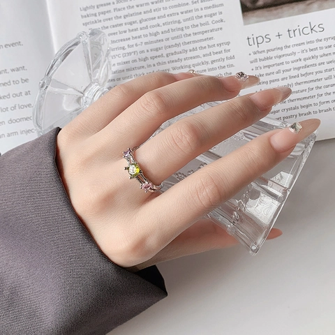 Irregular Wave Copper Ring With Multi-Color Zircons Adjustable Open Design Minimalist Fashion Jewelry For Women