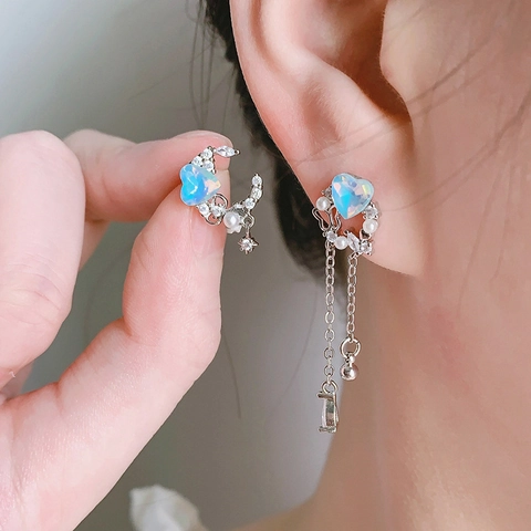 Asymmetrische Herz Opal Ohrringe Mit Kupfer Ohrstecker Mond Schmetterling Design Lange Quasten Strass Künstliche Perlen Für Damen