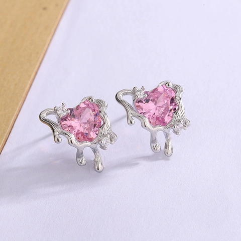 Pendientes De Boton Corazon Zircon Rosa Con Cobre Textura Metal Liquido Lava Diseno Irregular Estilo Minimalista Para Mujer