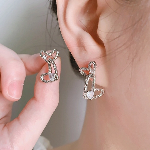 Hart Oorknopjes Koper Met Zirkoon Dubbele Hartvorm Getextureerde Elegante Minimalistische Sieraden Voor Vrouwen